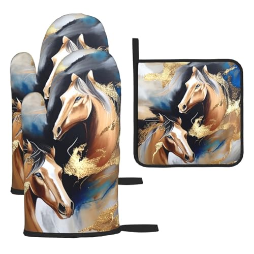 Horse Oven Mitts and Pot Holders Sets of 3, Horse Gifts for Women | Modern Kitchen Decor Heat Resistant Hot Pads Funny Oven Gloves for Cooking Grilling Baking - color: Horse