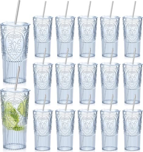 16 Set 20oz Vintage Plastic Tumbler with Lids and Straws Ribbed Floral Drinking Glasses Reusable Iced Coffee Cups for Water Juice Smoothie Cocktail Travel Party Events Gift (Blue) - color: Blue