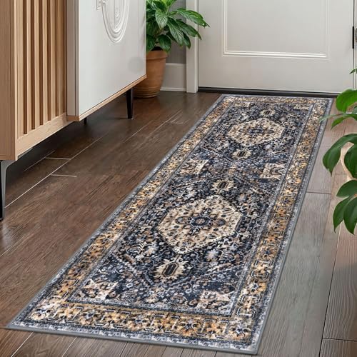 KOZYFLY Runners for Hallways 2x5 Ft Washable Kitchen Runner Rug Boho Runner Rug for Entryway Indoor Gold/Orange/Navy Printed Oriental Faux Wool Floor Carpet Runner for Laundry Room - color: Gold/Orange/Navy, size: 2' x 5' (Runner)