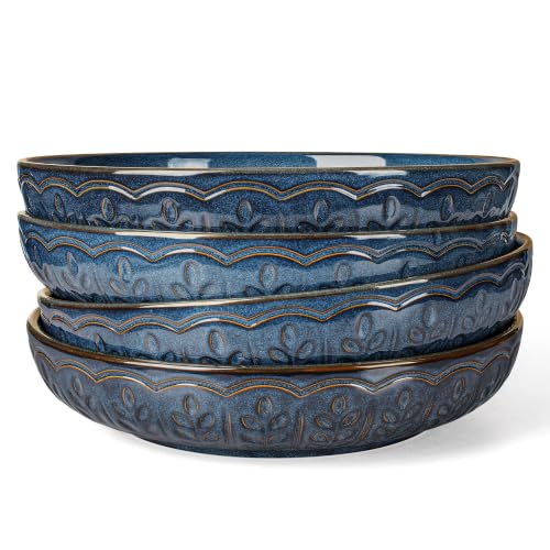 Pasta Bowls, 50oz Large Salad Serving Bowls, 9.75'' Plates Bowls Set of 4, Big Ceramic Soup Bowls for Kitchen, Embossment Shallow Dinner Bowl, Microwave Dishwasher Safe, Wheat Leaf, Blue - color: Blue (Wheat Leaf)