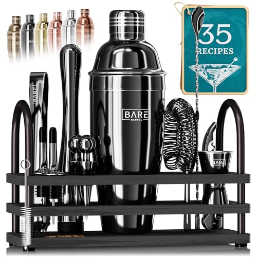 BARE BARREL® Mixology Bartender Kit Bar Set | 14-Piece Cocktail Shaker Set | Martini Barware Mixing Tools for Home Bartending | 35 Recipe Cards | Gift Set (24oz Cobbler Shaker, Jet Black/Black) - color: Jet Black/Black