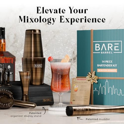 BARE BARREL® Mixology Bartender Kit Bar Set | 14-Piece Cocktail Shaker Set | Martini Barware Mixing Tools for Home Bartending | Incl. 35 Recipe Cards | Gift Set (28oz Boston Shaker, Brass/Black) - color: Brass/Black