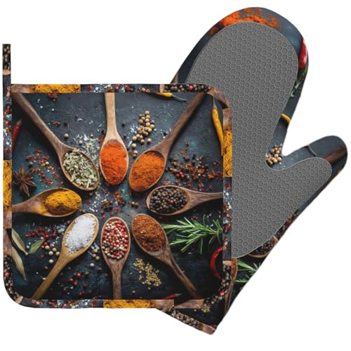 Various Spices and Herbs Heat-Resistant Oven Mitts and Pot Holder Kitchen Non-Slip Silicone Cooking Microwave Gloves for Cooking Baking Grilling - color: Various Spices and Herbs