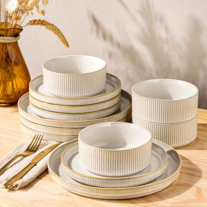 GBHOME Stoneware Dinnerware Sets for 4, 12 Pieces Plates and Bowls Set | Lightweight Ceramic Ribbed Dishes,Reactive Glaze Stackable Plate Set,Scratch Resistant,Microwave Dishwasher Safe,VanillaLatte - color: Vanilla Latte