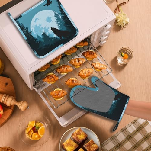 Wolves Howling in Night Heat-Resistant Oven Mitts and Pot Holder Full Moon Kitchen Non-Slip Silicone Cooking Microwave Gloves for Cooking Baking Grilling - color: Wolves Howling in Night