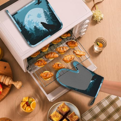 Wolves Howling in Night Heat-Resistant Oven Mitts and Pot Holder Full Moon Kitchen Non-Slip Silicone Cooking Microwave Gloves for Cooking Baking Grilling - color: Wolves Howling in Night