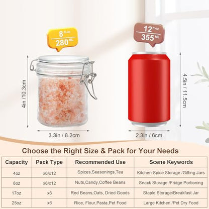 Small Glass Jars with Lids 8 oz, Airtight Clamp Lid Glass Storage Jars, Thick Lead-Free Glass Containers for Pantry Organization, Jam, Yogurt, Overnight Oats, Food Storage - size: 8 fl oz x 12 - Cylinder