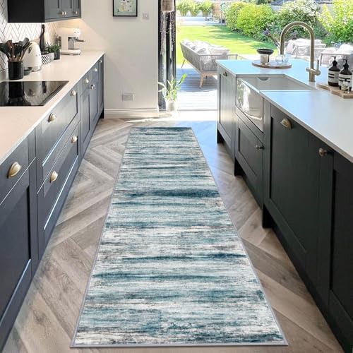 KOZYFLY Modern Abstract Hallway Runner Rug, 2.6x10 Washable Rug Runner Non-Slip Soft Striped Kitchen Runner Rugs, Print Blue Carpet Runner for Entryway Bathroom Laundry Room Foyer - color: Blue, size: 2'8" x 10' (Runner)