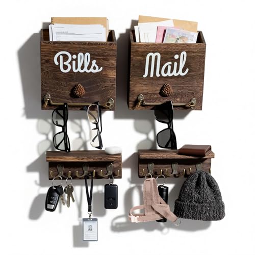eBun Narrow Wood Mail Holder 2-Pack with 12 Key Hooks | Wall Mount, No-Drill Magnetic, Vertical Mail & Bills Slot, Entryway Decor - color: 2-Pack Mail & Bills