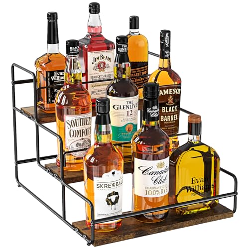 Nuovoware Liquor Bottle Display Shelf, 3 Step, Black | Wine Rack, Countertop Liquor Shelf, Mini Bar Liquor Cabinet Kitchen Coffee Bar Shelf Stand for Whiskey