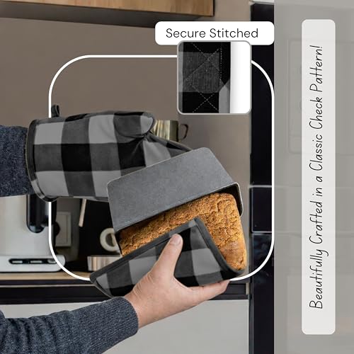 Native Fab Buffalo Plaid Check Oven Mitts and Pot Holders Set of 4, 100% Cotton Heat Resistant Kitchen Gloves, 2 Oven Mitts (7x13), 2 Pot Holders (8x8) for Cooking & Baking, Ash Grey Black - color: Buffalo, Light Grey & Black
