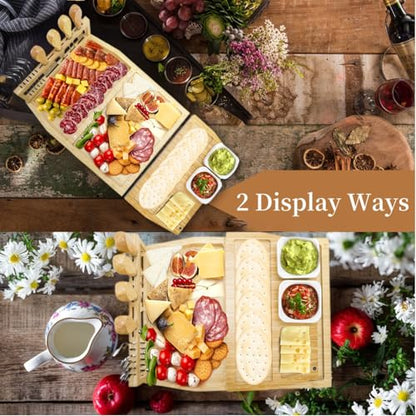 WRINGKIT Charcuterie Boards Set, Utensils Tray and Knife Bowl Included | Bamboo Cheese Platter for Party House Warming Wedding Gift, Meat Serving Board for Couple, Entertaining, Family Gatherings