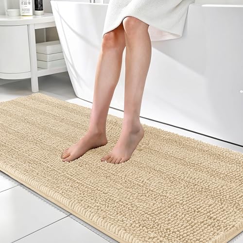 OLANLY Thick Bathroom Runner Rugs 70x24, Chenille Long Bath Rugs, Beige | Soft Absorbent Striped, Rubber Backing, Machine Wash, Bath Mats for Bathroom Floor, Tub and Shower, Home Decor Accessories - color: Beige, size: 70" X 24"