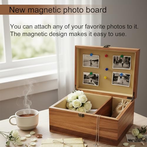 Large Acacia Keepsake Box with Magnetic Photo Display,Memory Wooden Box | Large size,Magnetic Photo Display,Memory Treasure Box with Felted Protection,Multi-scenario Applications