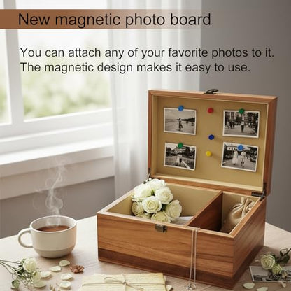 Large Acacia Keepsake Box with Magnetic Photo Display,Memory Wooden Box | Large size,Magnetic Photo Display,Memory Treasure Box with Felted Protection,Multi-scenario Applications