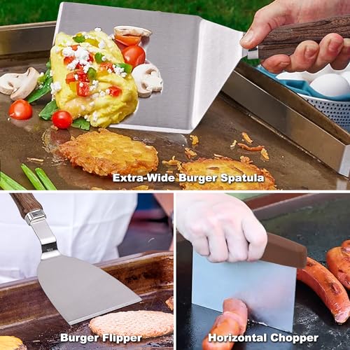 ROMANTICIST 29PCS Griddle Accessories Set - Flat Top Teppanyaki Spatula Set with Scraper, Basting Cover for Camp Chef- Home Cooking Griddle and Outdoor BBQ Gifts for Father's Day - style: Brown