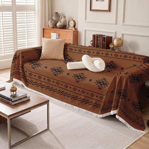 Couch Cover Blanket, Polyester, 71x118 Inch, Western Brown Aztec | Geometric Decorative Non Slip Soft Washable Furniture Protector Throw for Sofa - color: Brown Western