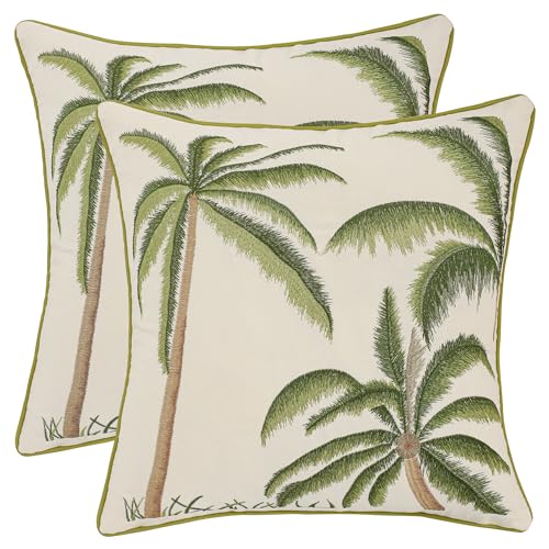 Green Palm Tree Throw Pillow Covers 18x18 Inch Set of 2 | Embroidery,Ocean-Themed,Durable Fabric,Boho Decorative,Hidden Zipper,Aesthetic Design,Ideal Gift,Easy Care - color: A-green Palm Tree