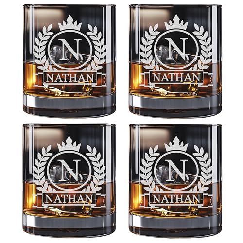 Personalized Whiskey Glass for Men, Custom Engraved Name & Initial Rocks Glasses, 11oz, Barware for Men, Father’s Day Gifts - Set of 4 - color: Whiskey Set Of 4 Personalized Name Monogram