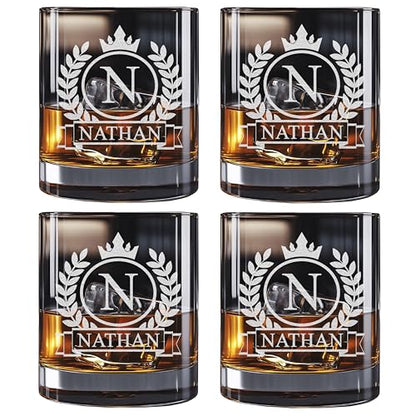 Personalized Whiskey Glass for Men, Custom Engraved Name & Initial Rocks Glasses, 11oz, Barware for Men, Father’s Day Gifts - Set of 4 - color: Whiskey Set Of 4 Personalized Name Monogram