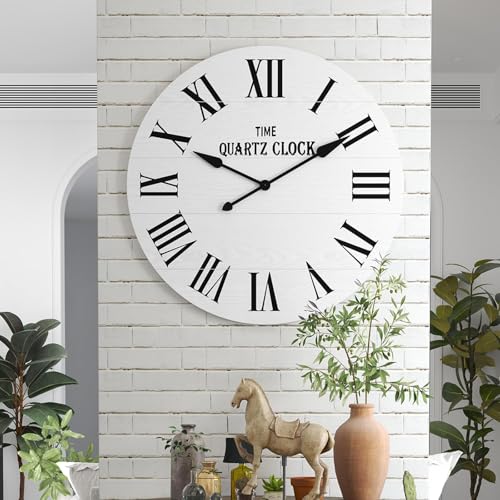 ARTPOWER 35.5" Extra Large Giant Farmhouse Wall Clock, White | Oversized, with Big Roman Numeral, Nearly Non-Ticking, Shiplap Wood, for Living Dining Room Decor, Entrance - color: White, size: 35.5"W x 35.5"H