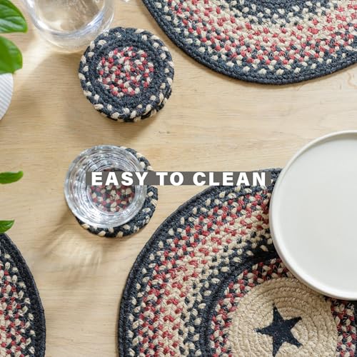 Homespice Gloucester Jute Braided Placemats, Rect 13x19 Set of 6 | Black and Red Everyday and Holiday Table Mats, Rich Colors, Reversible, Durable and Easy to Clean - color: Primitive Star Gloucester