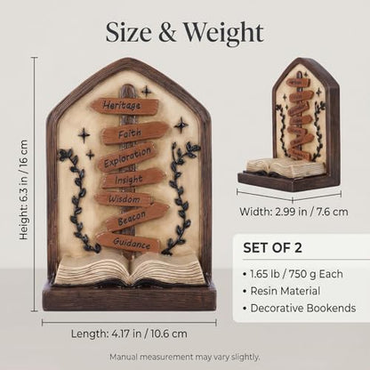 Bookends Set of 2 Resin Decorative Book Ends with Inspirational Signpost and Open Book Design, Distressed Library Decor for Bookshelf Office Study Shelf Display
