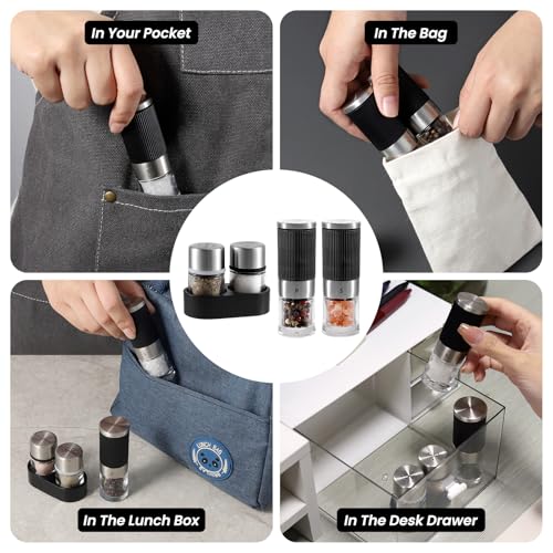 VEVOK CHEF Mini Salt and Pepper Grinder set with 2 Small Salt and Pepper Shakers Portable Cute Tiny Spice Grinder Pepper Mill Salt Grinder for Travel, Work, Camping, Party, School, Lunch Box - color: Black