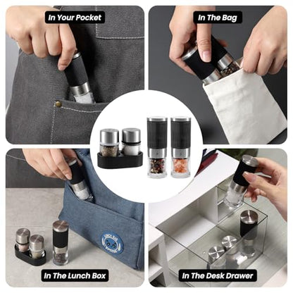 VEVOK CHEF Mini Salt and Pepper Grinder set with 2 Small Salt and Pepper Shakers Portable Cute Tiny Spice Grinder Pepper Mill Salt Grinder for Travel, Work, Camping, Party, School, Lunch Box - color: Black