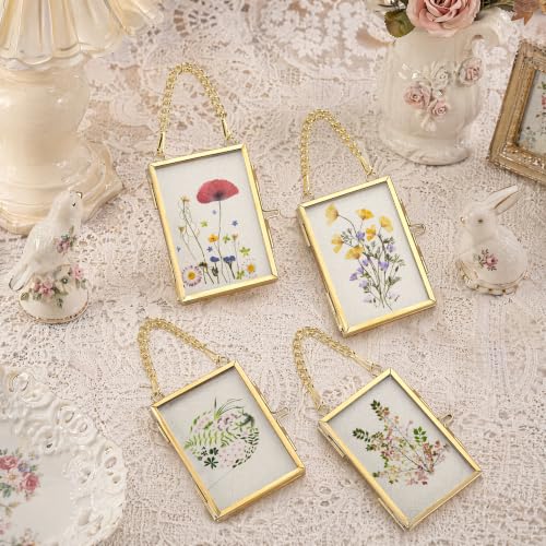 4 Pcs Pressed Flower Frame with Tweezers, Wall Hanging Tabletop Display Double Glass Frames with Metal Chain for Pressed Dried Flowers Plants, Horizontal and Vertical Picture Frame, Gold, FRAMES ONLY - color: Gold-4