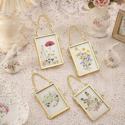 4 Pcs Pressed Flower Frame with Tweezers, Wall Hanging Tabletop Display Double Glass Frames with Metal Chain for Pressed Dried Flowers Plants, Horizontal and Vertical Picture Frame, Gold, FRAMES ONLY - color: Gold-4