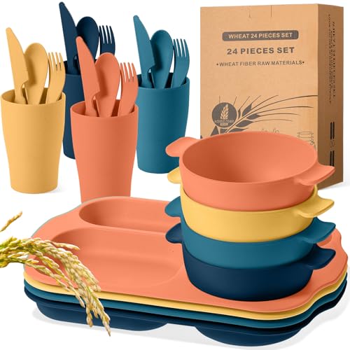 Honoson 24 Pcs Wheat Straw Dinnerware Cutlery Set, Service for 4, Unbreakable Plates and Bowls Set - Divided Plates, Bowls, Spoons, Forks & Knives, Microwave & Dishwasher Safe(Bright Color) - color: Bright Color