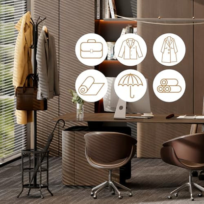 Coat Rack Freestanding with Umbrella Holder – Metal Hanger Stand, Hall Tree with 12 Hooks, Entryway Organizer for Hats, Bags, and Clothes (Black) - color: Black