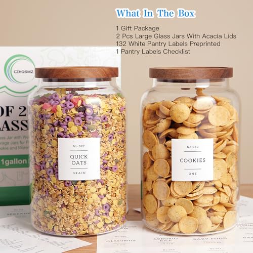 CZHQSMZ Set of 2 Large Glass Flour and Sugar Containers with 132 Pantry Labels - Glass Food Storage Jars with Airtight Bamboo Lid for Flour Pasta Candy Coffee Cookie and More(1 Gallon/4000 ml) - color: 4000ml