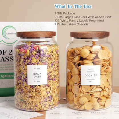 CZHQSMZ Set of 2 Large Glass Flour and Sugar Containers with 132 Pantry Labels - Glass Food Storage Jars with Airtight Bamboo Lid for Flour Pasta Candy Coffee Cookie and More(1 Gallon/4000 ml) - color: 4000ml