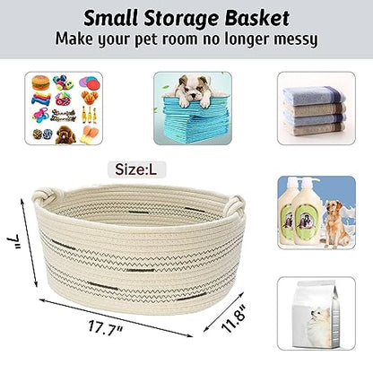 Fhiny Cotton Rope Dog Toy Basket with Handle Puppy Toys Storage Bin Small Woven Rectangle Diapers Pet Kitty Bed Perfect for Carry Pet Chew Toys Blankets Leashes Doggie Stuff - Beige L - size: B-L:17.7"×11.8"×7"