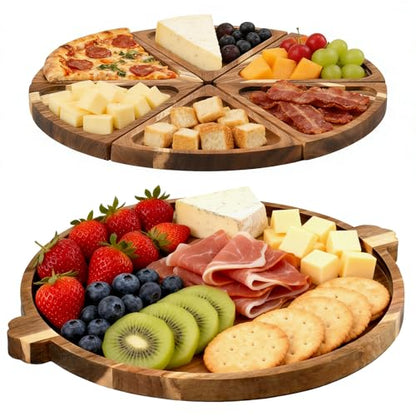 Acacia Wood Serving Tray with Handles, Round Charcuterie Boards with 6 Detachable Pizza Trays, Wooden Decorative Tray for Party, Coffee Table Tray for Home Decor, Bathroom, Kitchen Counter