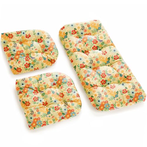 All Weather 3 Pieces Wicker Furniture Chair Cushions, Waterproof Outdoor Wicker Chair Cushion for Patio Furniture Loveseat Settee Bench, 1 Loveseat and 2 U-Shaped Thickened Cushions, Daisy - color: Daisy Cushion