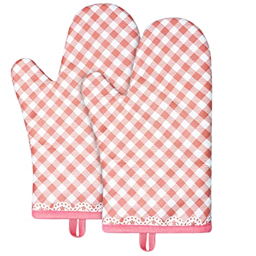 AUAUY Pink Oven Mitts, Kitchen Mittens, 392F Heat Resistant Non-Slip Gloves for Cooking, Baking, BBQ, Grilling - Cotton Infill, 1 Pair - color: Light Pink
