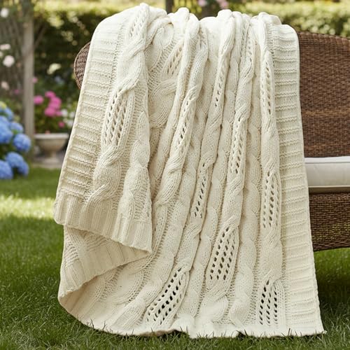 Chunky Knit Throw Blanket, Dual-Sided Soft Chenille Breathable Cable Knitted Blanket for Couch, Farmhouse Decorative Throw for Sofa & Chair, 50"x60", Ivory - color: Ivory, size: Cable Knit 50"x60"