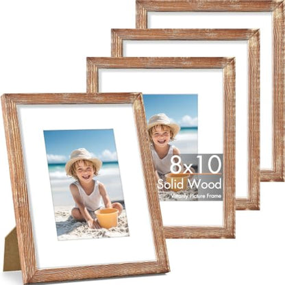 Vittanly Solid Wood 8x10 Picture Frames Set of 4, Distressed Brown | 5x7 Picture Frame with Mat, Gallery Wall Frame Set, 8 x 10 Frame for Wall & Tabletop Display, Family, Pet, Christmas - color: Distressed Brown, size: 8x10