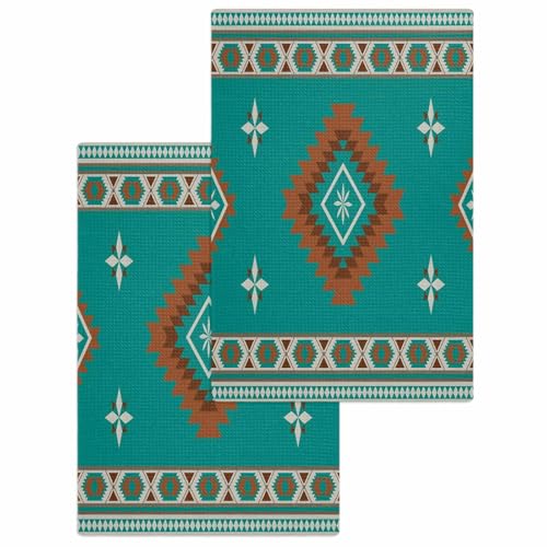 Teal Southwest Dish Towels Waffle Kitchen Towels Set, Absorbent Quick Drying Towel Cleaning Abstract Western Boho Tribe Geometric Hand Towels for Bathroom 2 Pack Dish Cloths 15.7"x23.6" - color: Classickon0005, size: 2PCS-15.7x23.6in