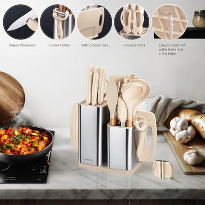 Cooking Utensils Set,18-Piece Kitchen Utensils and Knife Set,Khiki | Food-grade Silicone Utensils Heat-resistant to 410°F,5-Piece Stainless Steel Kitchen Knife with Sharpener and Cutting Board - color: Khiki