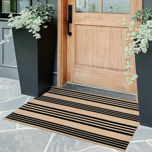 Front Door Mat 24"x35" Washable Fall Porch Rug Outdoor Doormat Decor | Black and Tan Front Door Rug Welcome Mats Indoor Outdoor Rugs Cotton Woven Striped Small Area Rugs for Porch/Outside Entrance - color: Tan/Black Stripe, size: 2' x 3' (Rectangular)