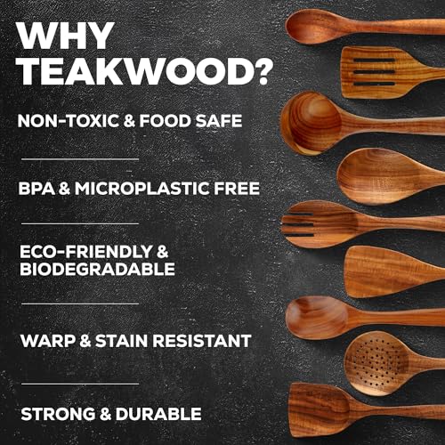 Zulay Kitchen 15-Piece Teak Wooden Utensils for Cooking - Natural Teak Utensil Set with Premium Gift Box - Non-Stick Wooden Spoons for Cooking - Kitchen Gift Set - Comfortable Grip Wooden Utensil Set - size: 15 Piece | Gift Box