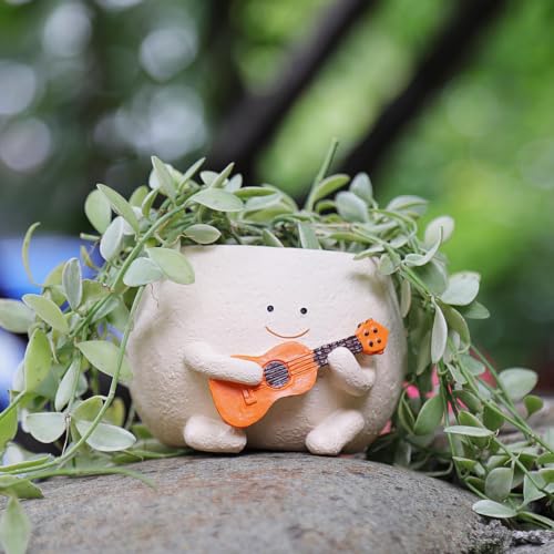 Smily Face Planter Pot, Cute Guitar Player Head Face Planter Flower Pots, Funny Guitar Art Planter with Unique Design, Suitable for Indoor and Outdoor Decoration - color: Guitar Player