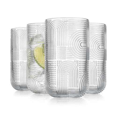 Glaver's Drinking Glasses, Highball Glasses, 17 Ounce Thick Embossed Designed, Set of 4 Clear Kitchen Glassware For Everyday Elegant Serving Coolers, Urban Pattern Modern Drinking Glasses - color: Clear, size: 17 Ounces