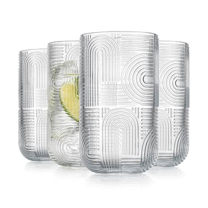 Glaver's Drinking Glasses, Highball Glasses, 17 Ounce Thick Embossed Designed, Set of 4 Clear Kitchen Glassware For Everyday Elegant Serving Coolers, Urban Pattern Modern Drinking Glasses - color: Clear, size: 17 Ounces