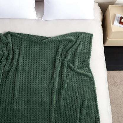Soft Cozy Fuzzy Fleece Queen Size Blanket, Waffle Bronze Green, 90x90 Inches – Lightweight, Fluffy, and Warm 3D Jacquard All-Season Blanket for Bed, Couch, Sofa, Camping, and Travel - color: Waffle Bronze Green, size: Queen (90" x 90")