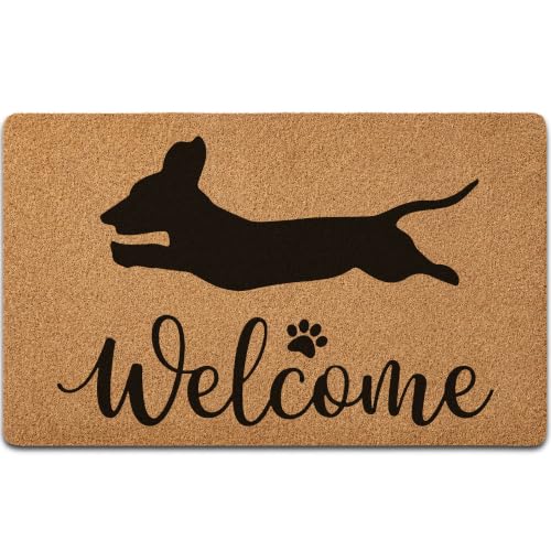 Dachshund Welcome Doormat, Playful Running Wiener Dog Silhouette Welcome Mat, Artificial Coir Non Slip Backing Indoor Outdoor Entry Rug for Home Entrance, Gift for Dog Lovers, 30x17 Inch - color: Color05